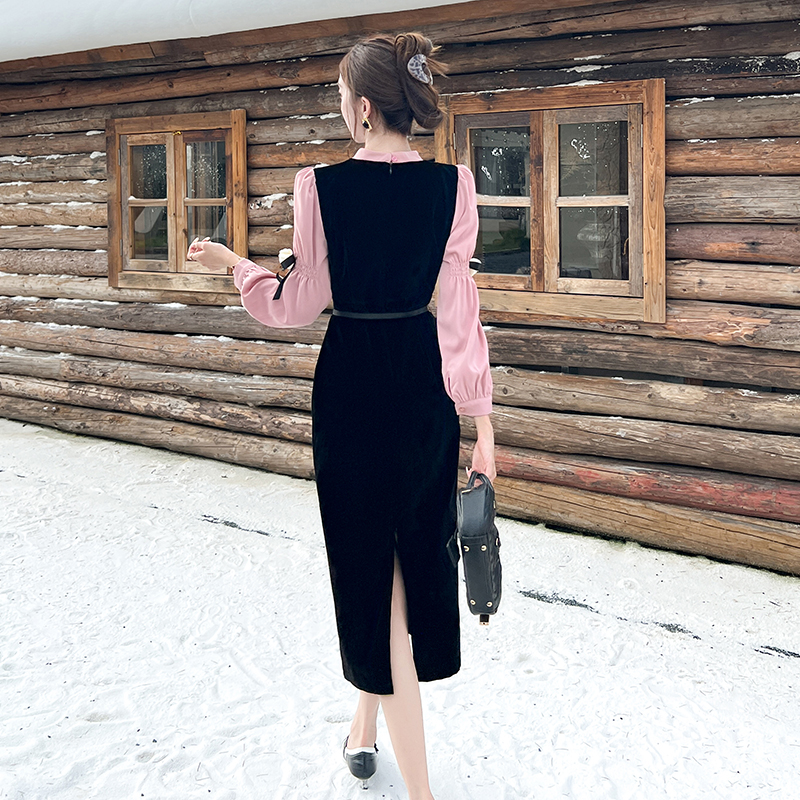 Pseudo-two autumn dress black silk long dress