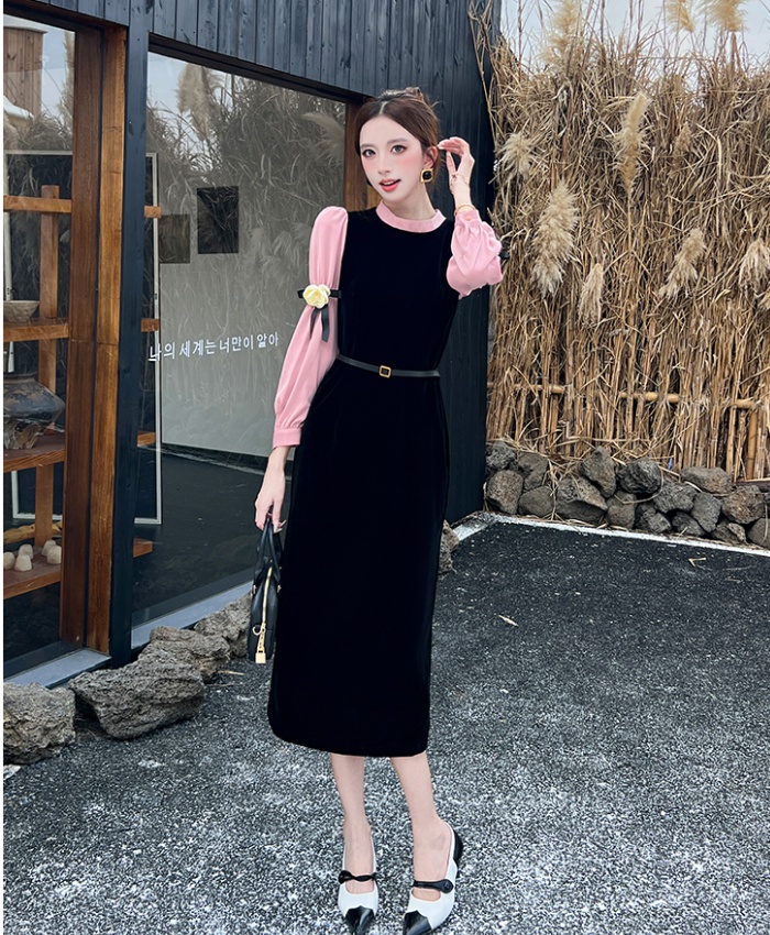 Pseudo-two autumn dress black silk long dress