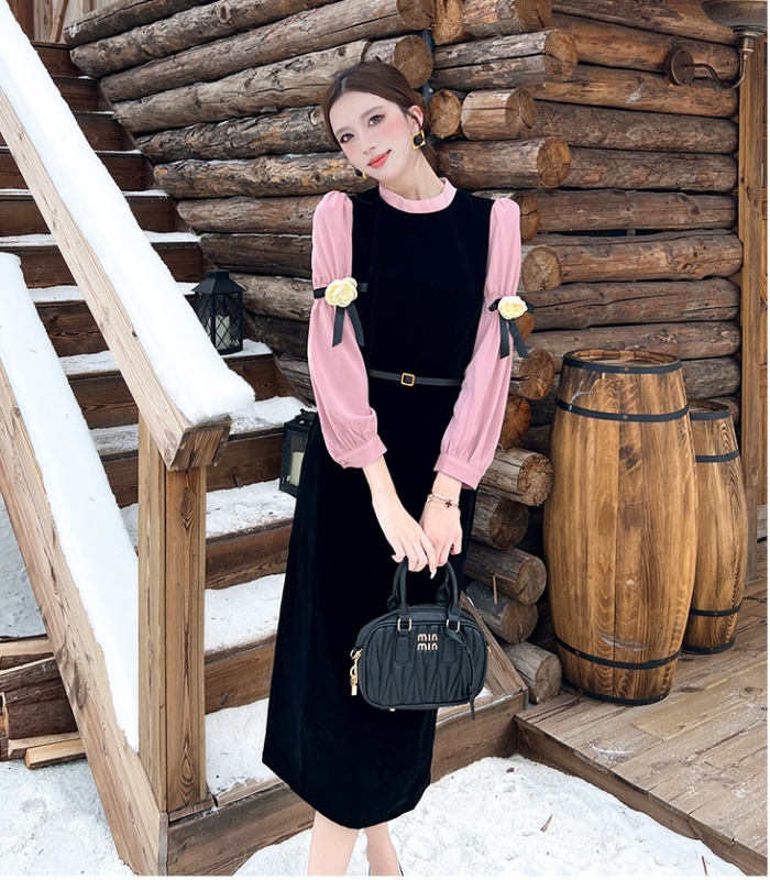 Pseudo-two autumn dress black silk long dress
