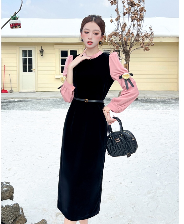 Pseudo-two autumn dress black silk long dress