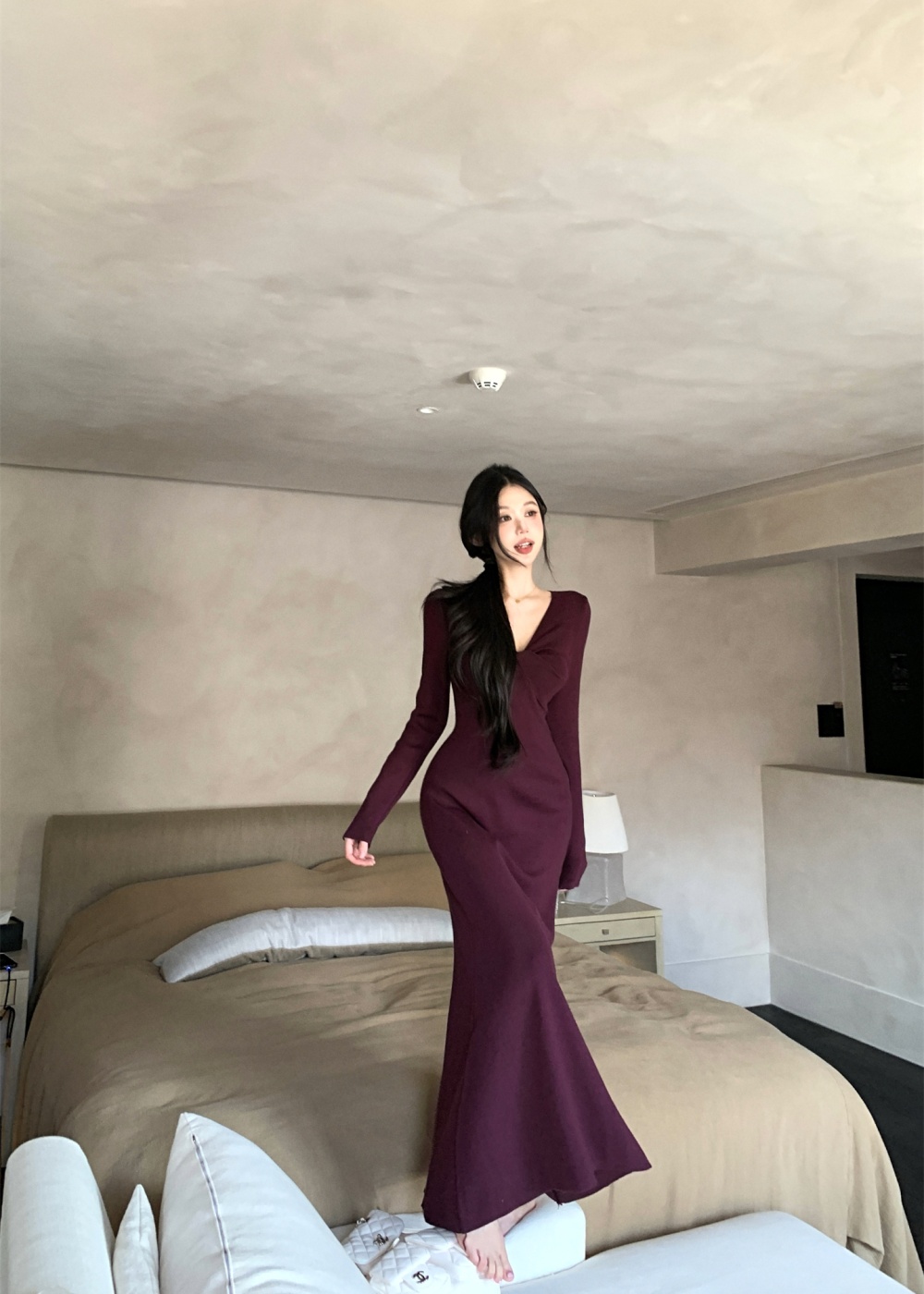 Autumn and winter V-neck retro dress for women