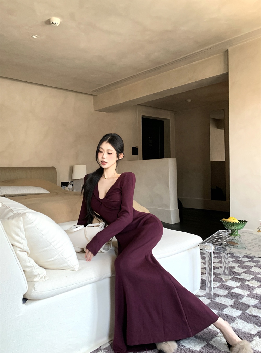 Autumn and winter V-neck retro dress for women