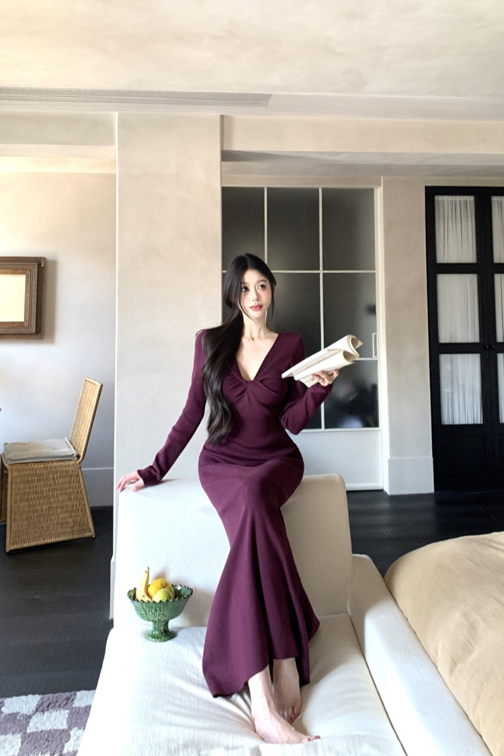 Autumn and winter V-neck retro dress for women