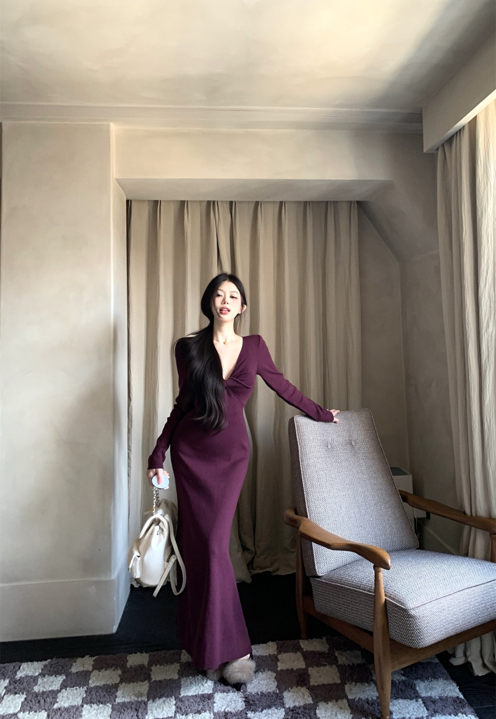 Autumn and winter V-neck retro dress for women