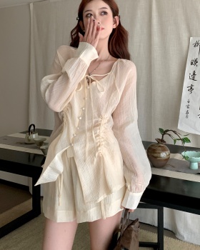 Pinched waist shirt shorts 2pcs set for women