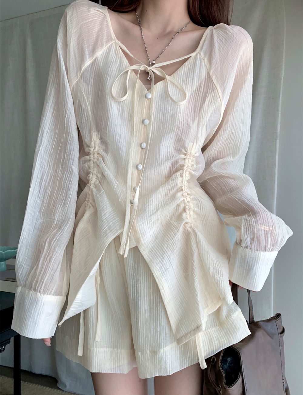 Pinched waist shirt shorts 2pcs set for women