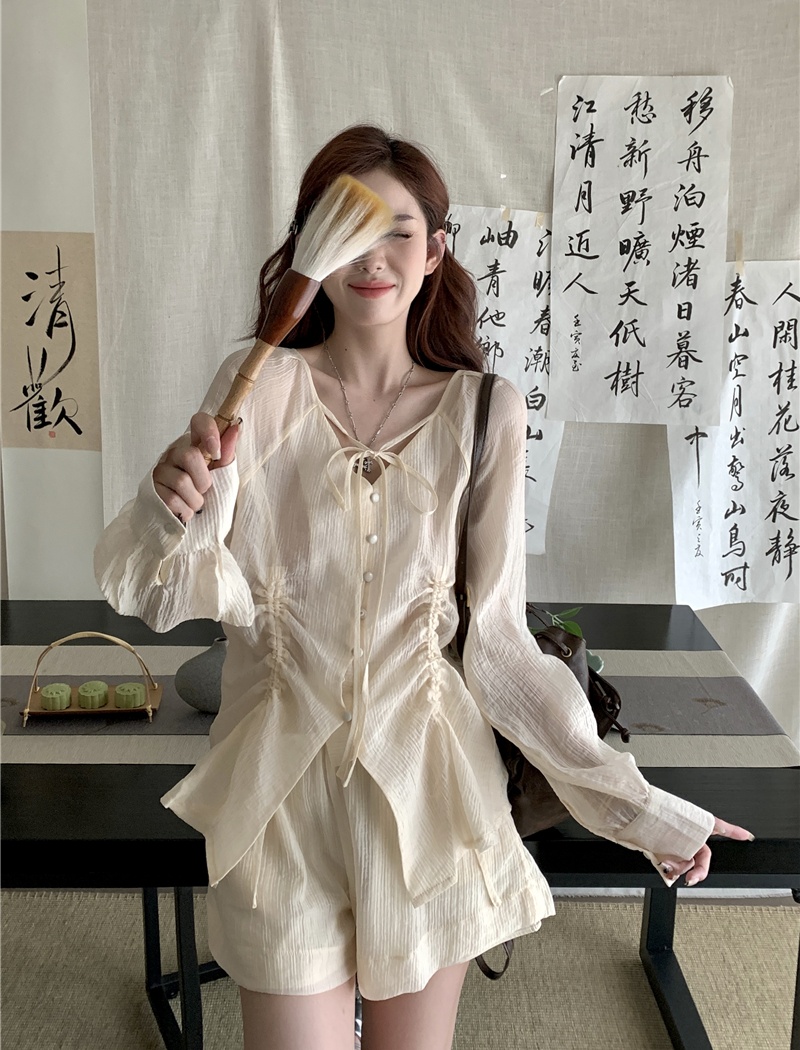 Pinched waist shirt shorts 2pcs set for women