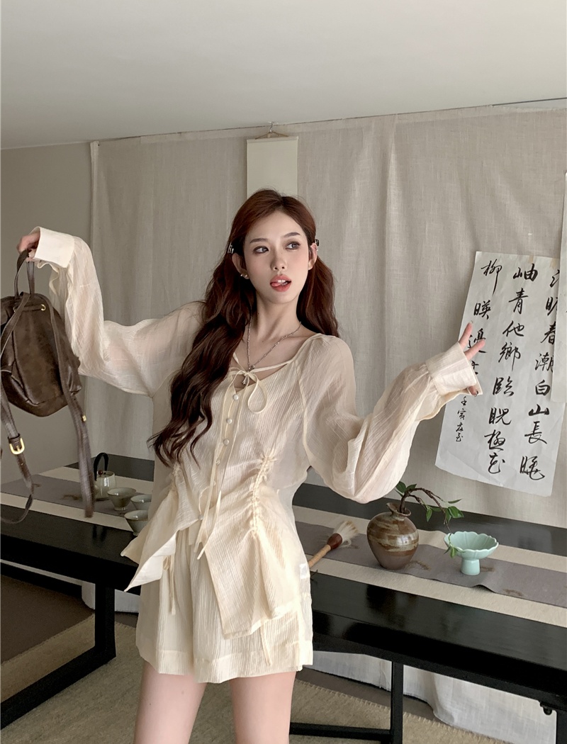 Pinched waist shirt shorts 2pcs set for women