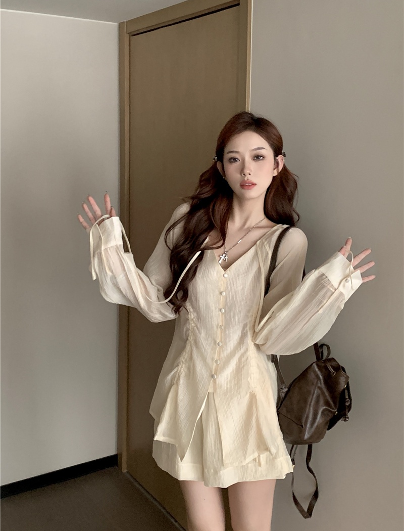 Pinched waist shirt shorts 2pcs set for women