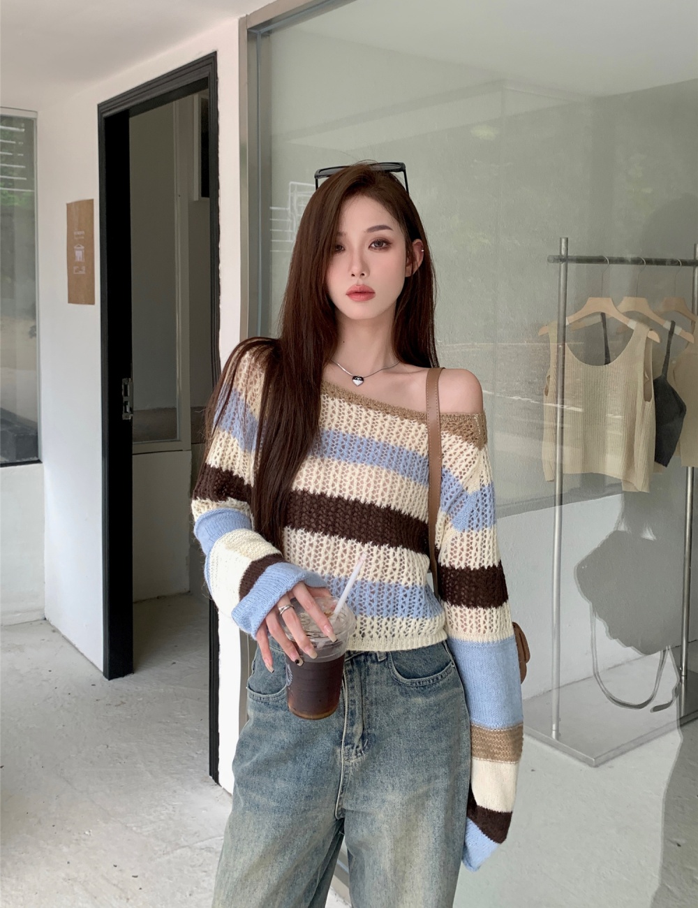 Mixed colors autumn and winter high waist stripe sweater