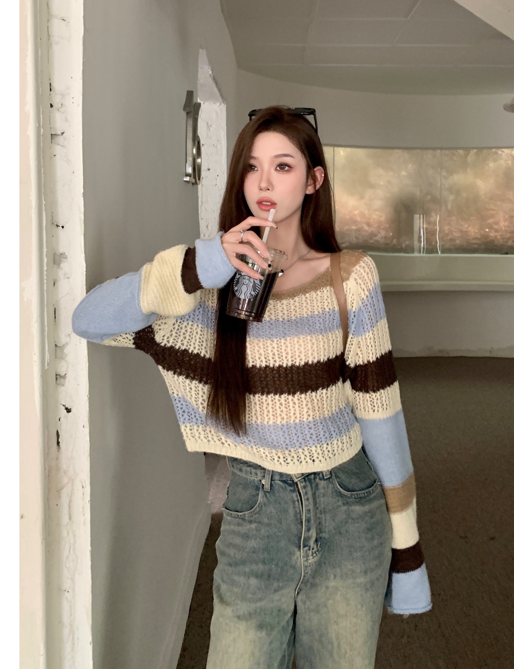Mixed colors autumn and winter high waist stripe sweater