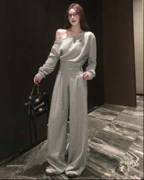 Sloping shoulder casual pants short tops 2pcs set