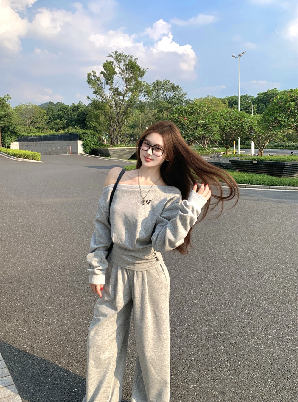 Sloping shoulder casual pants short tops 2pcs set