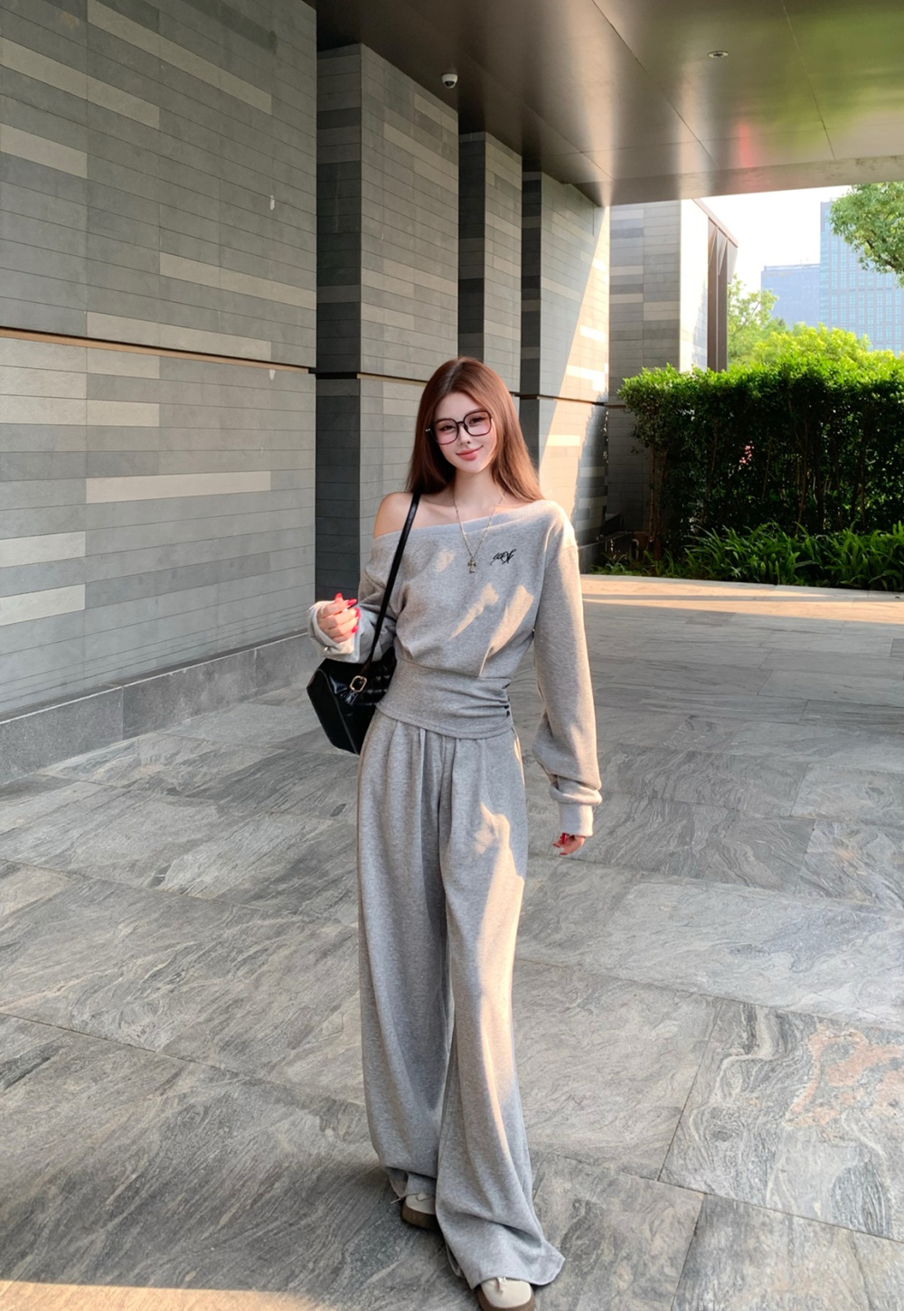 Sloping shoulder casual pants short tops 2pcs set