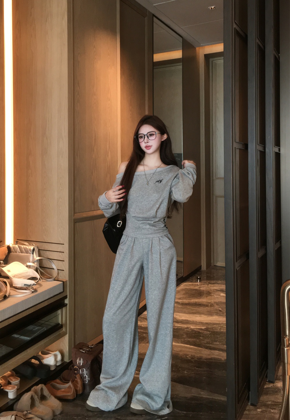 Sloping shoulder casual pants short tops 2pcs set