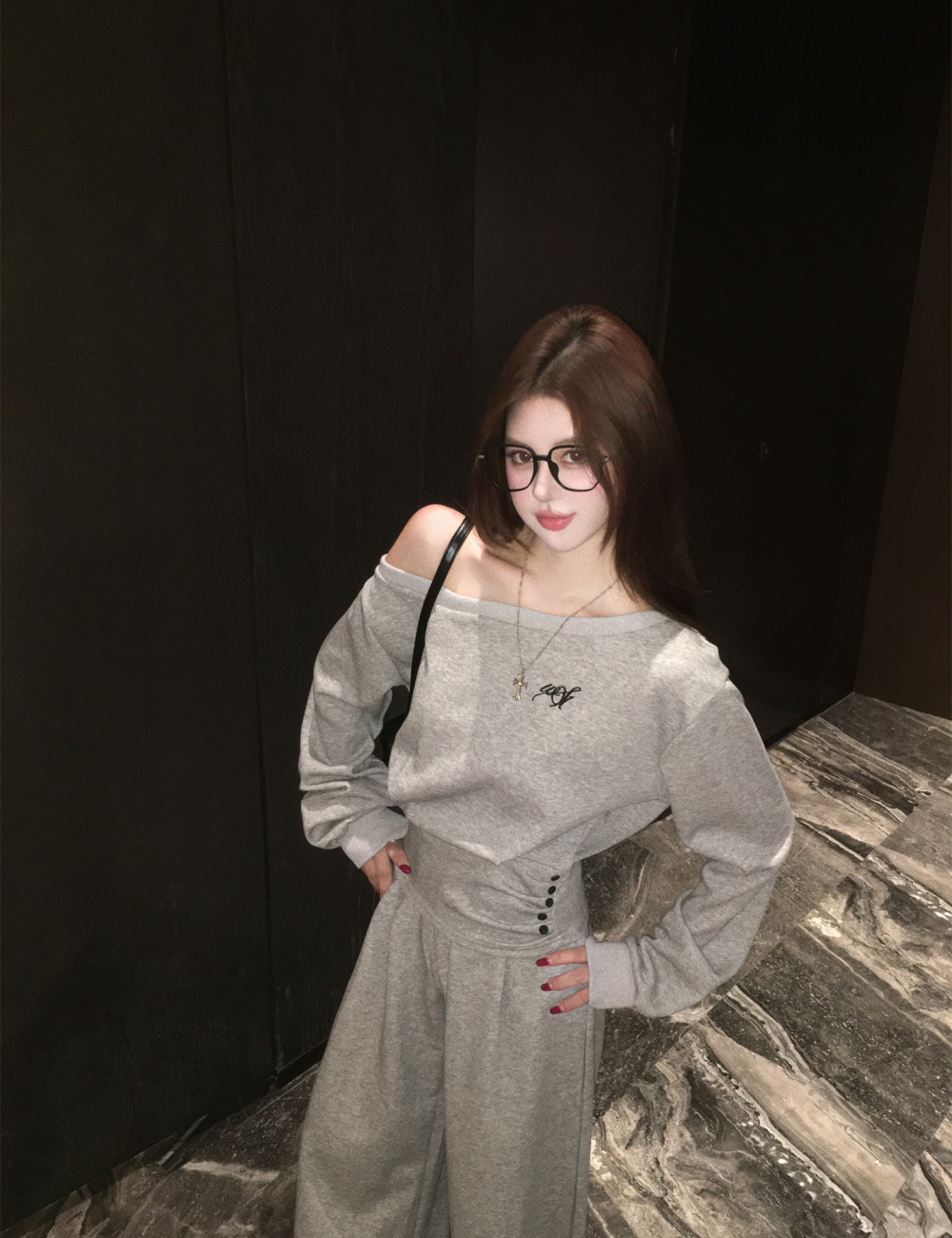 Sloping shoulder casual pants short tops 2pcs set