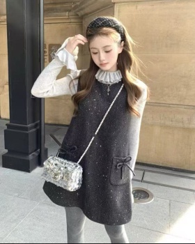 Lace all-match dress sequins bow bottoming shirt 2pcs set