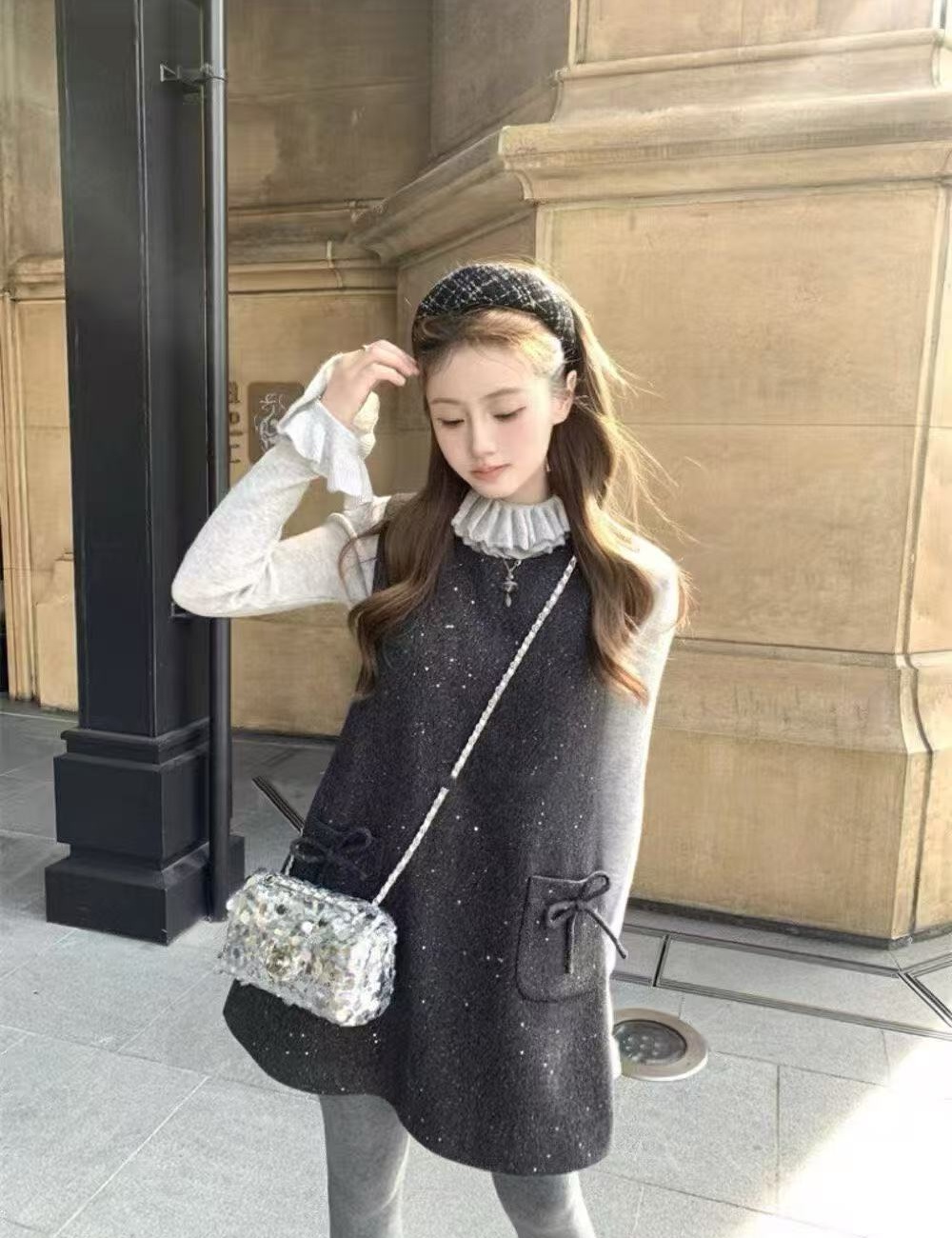 Lace all-match dress sequins bow bottoming shirt 2pcs set