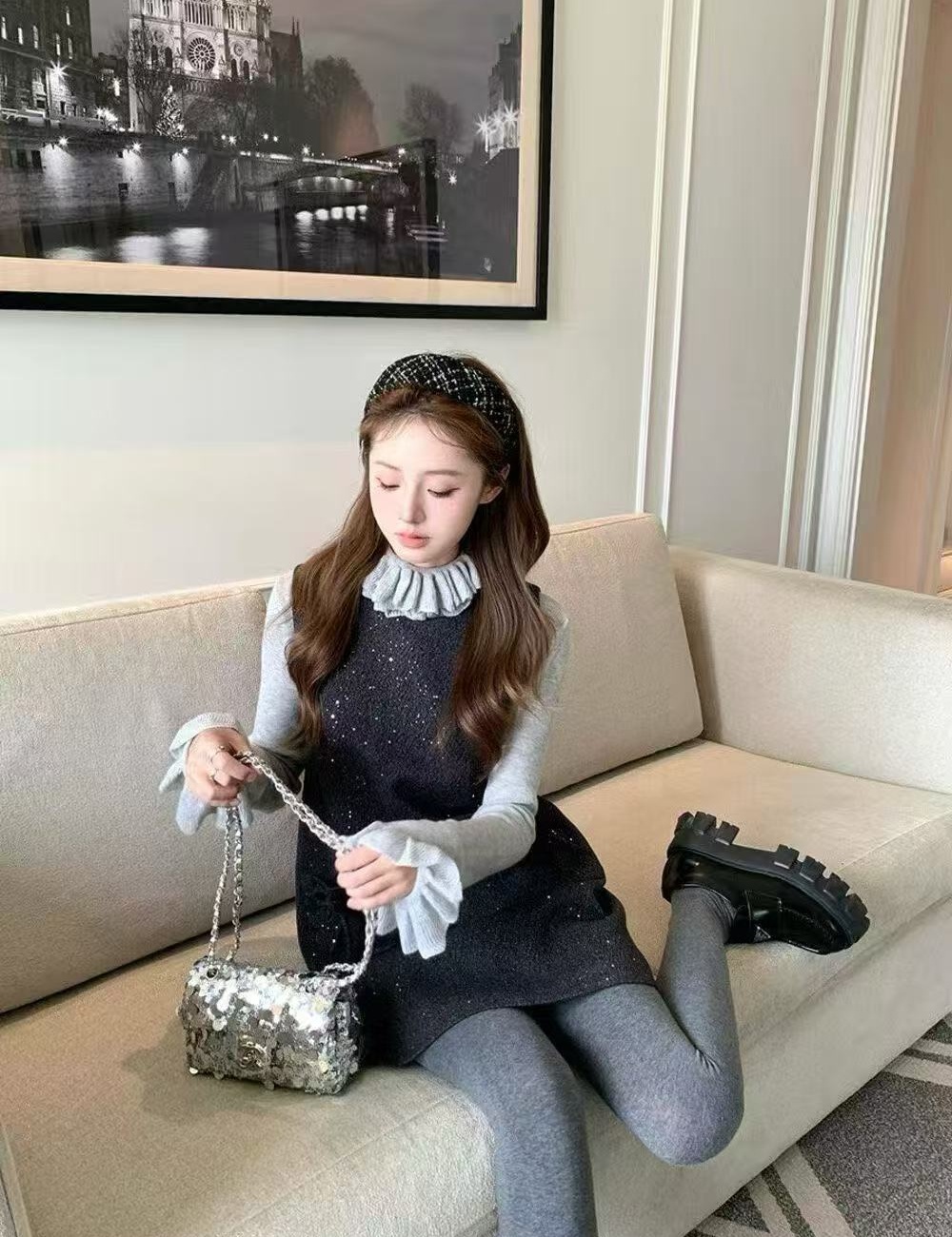 Lace all-match dress sequins bow bottoming shirt 2pcs set