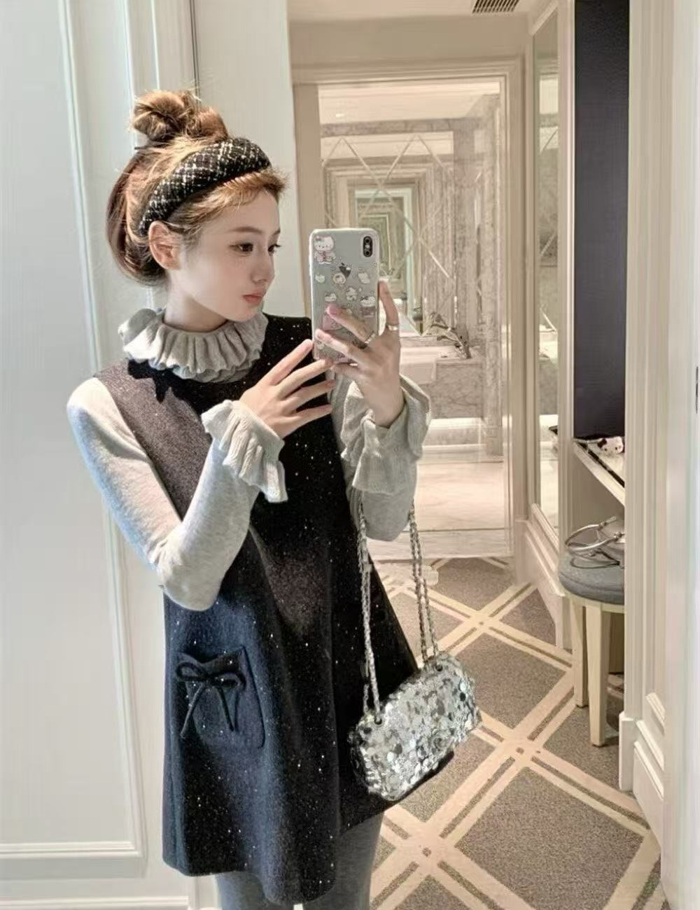 Lace all-match dress sequins bow bottoming shirt 2pcs set