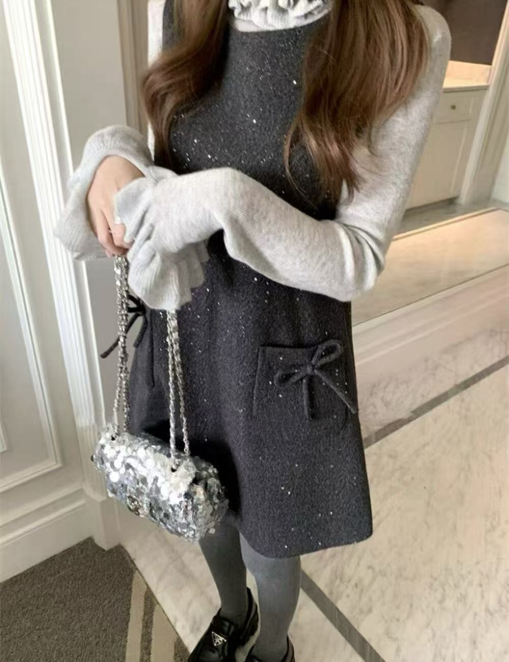 Lace all-match dress sequins bow bottoming shirt 2pcs set