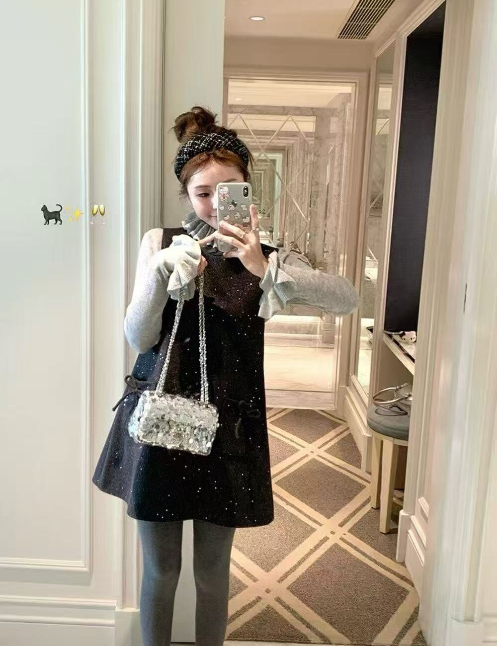 Lace all-match dress sequins bow bottoming shirt 2pcs set