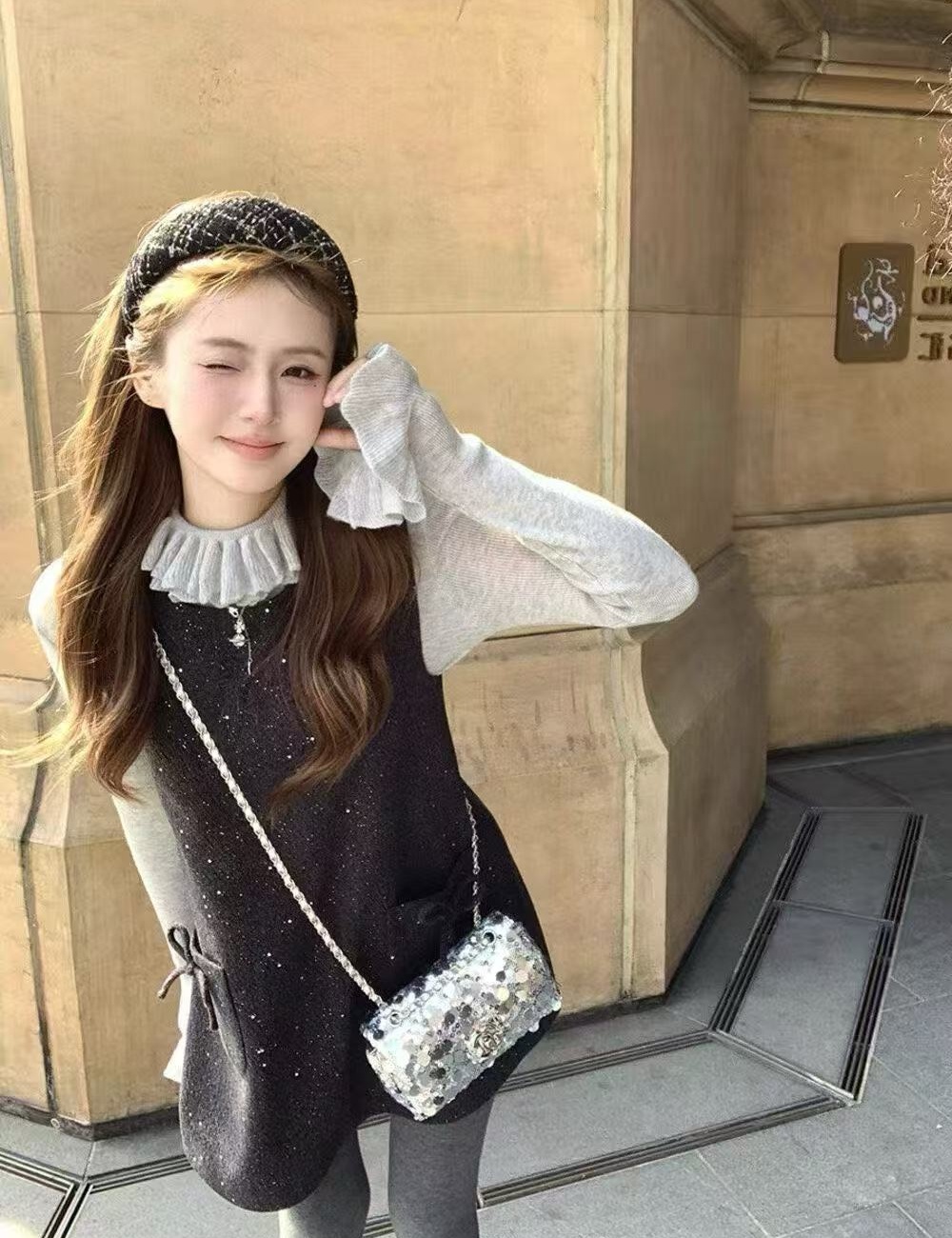 Lace all-match dress sequins bow bottoming shirt 2pcs set