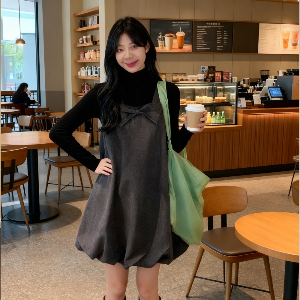 Black sweater Korean style sleeveless dress 2pcs set