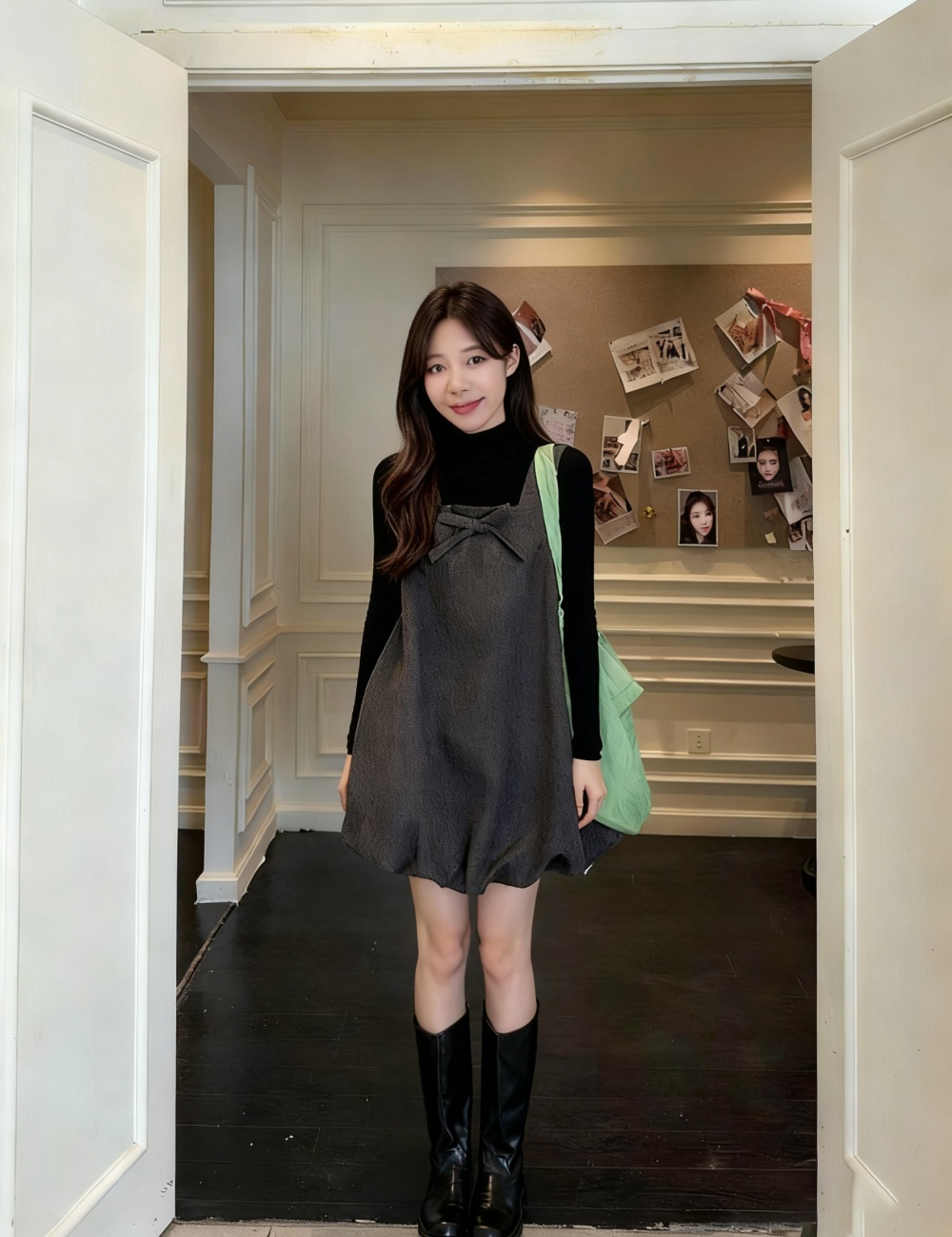 Black sweater Korean style sleeveless dress 2pcs set