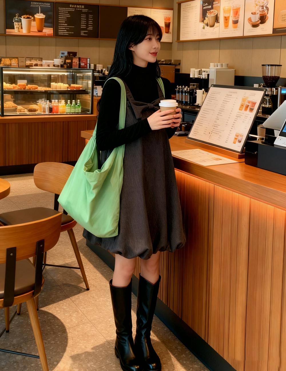 Black sweater Korean style sleeveless dress 2pcs set