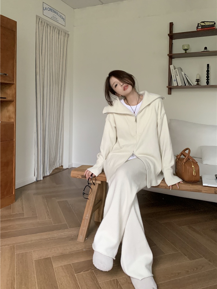 Knitted all-match tops Casual wide leg pants a set