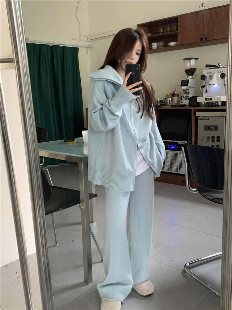 Knitted all-match tops Casual wide leg pants a set