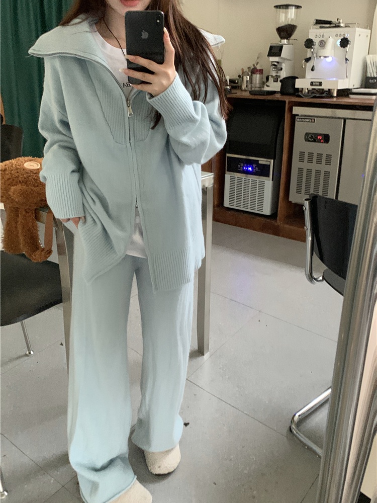 Knitted all-match tops Casual wide leg pants a set