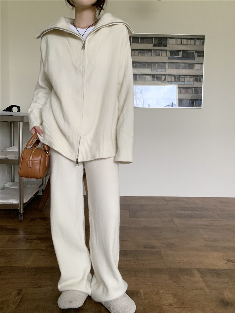 Knitted all-match tops Casual wide leg pants a set