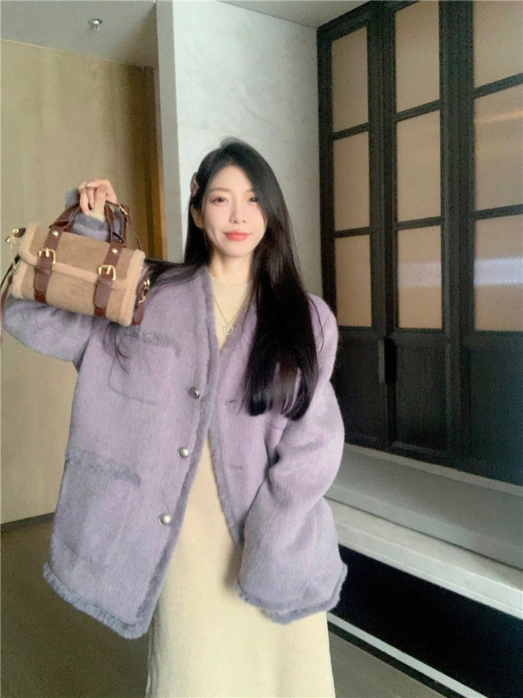 Winter purple chanelstyle woolen coat for women