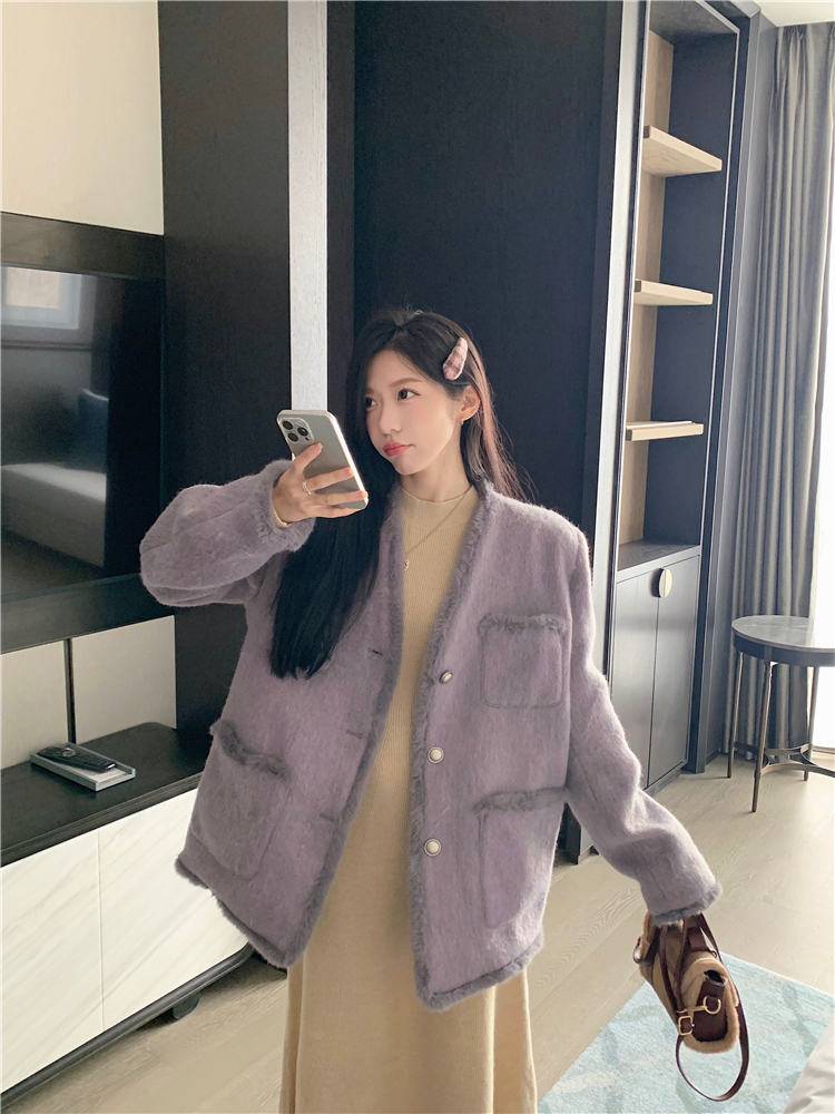 Winter purple chanelstyle woolen coat for women