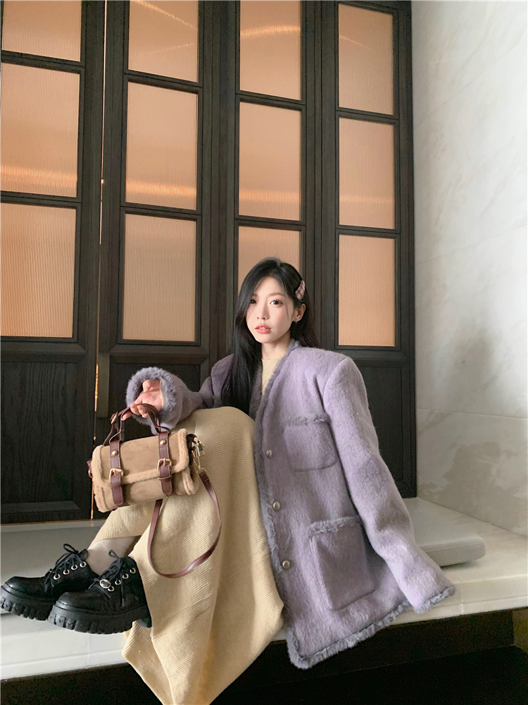 Winter purple chanelstyle woolen coat for women