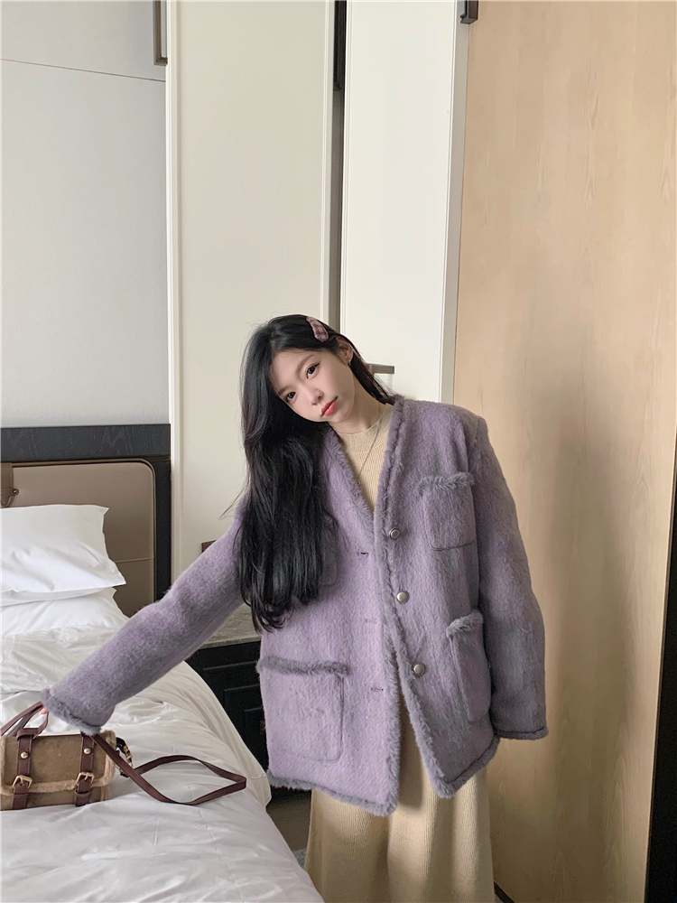 Winter purple chanelstyle woolen coat for women