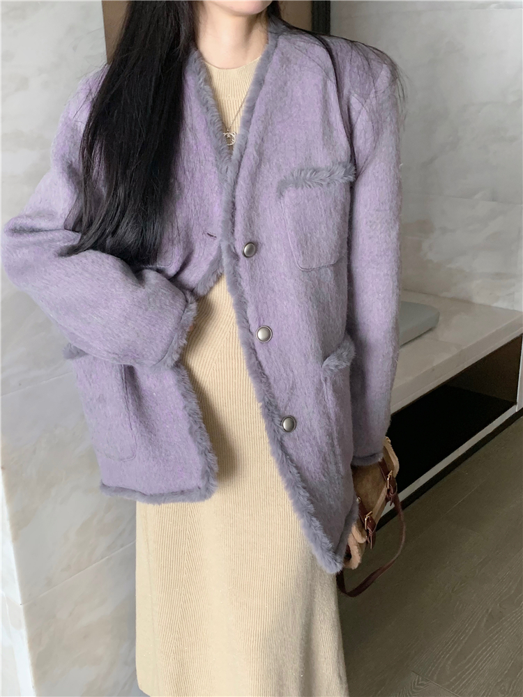 Winter purple chanelstyle woolen coat for women