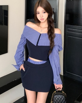 Flat shoulder plaid shirt autumn and winter niche tops a set