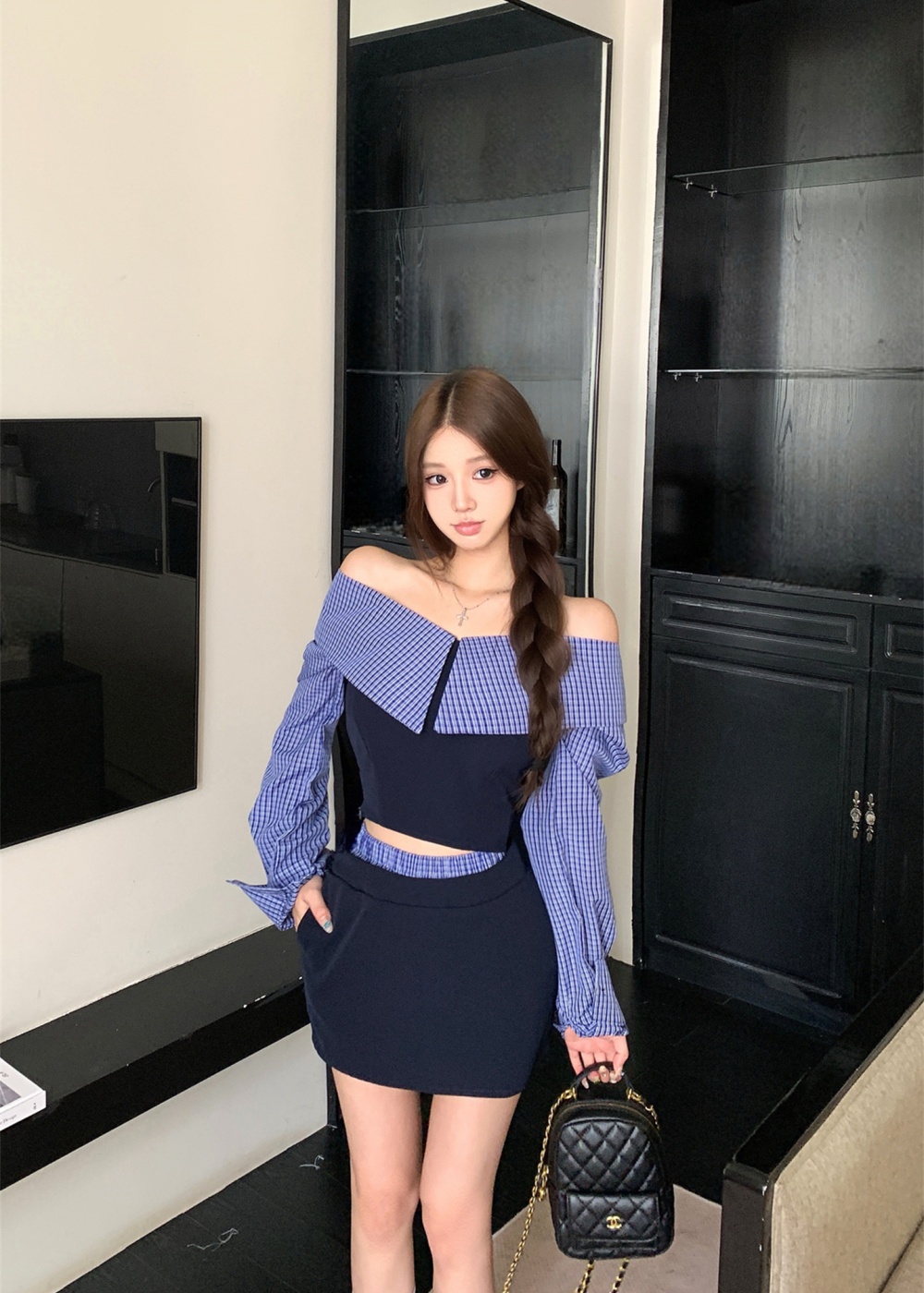 Flat shoulder plaid shirt autumn and winter niche tops a set