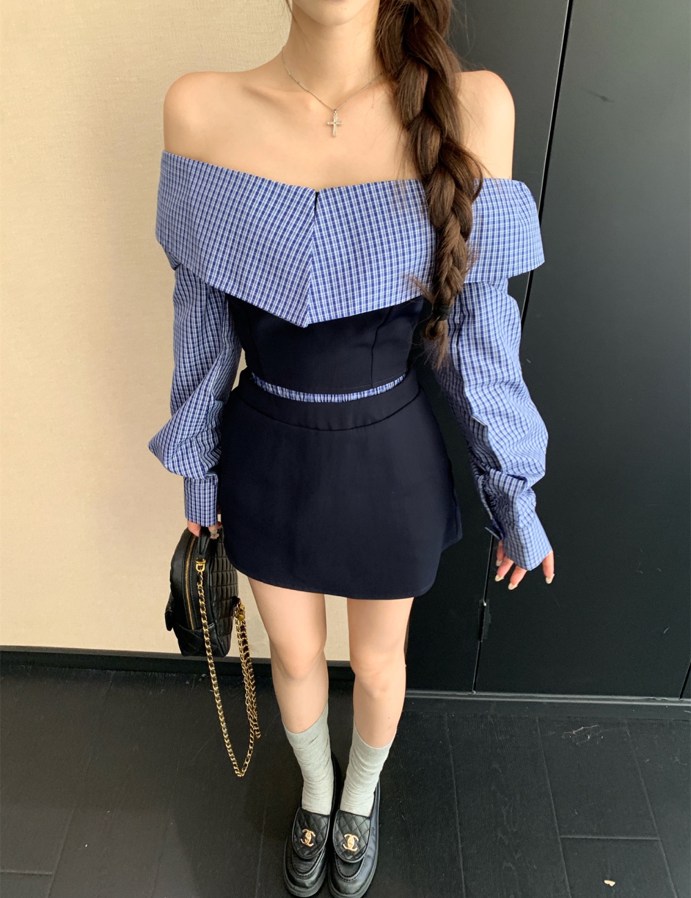 Flat shoulder plaid shirt autumn and winter niche tops a set