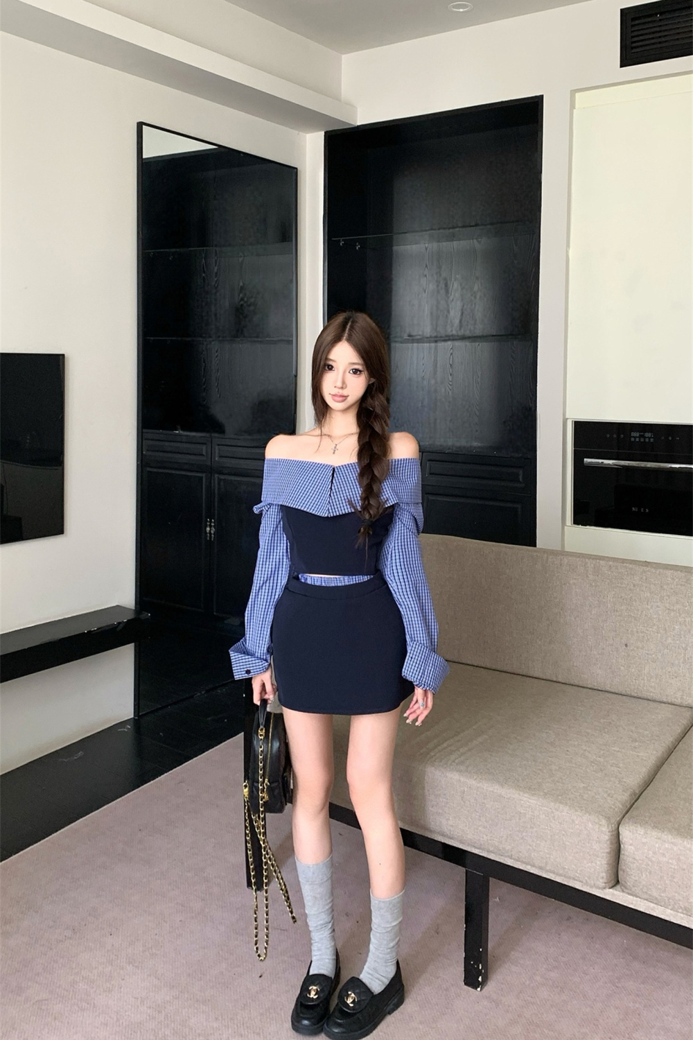 Flat shoulder plaid shirt autumn and winter niche tops a set