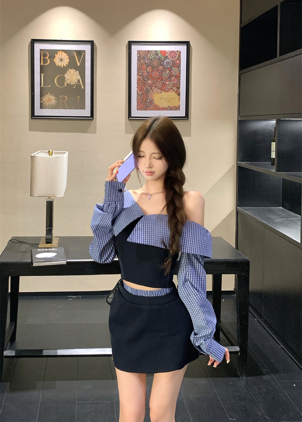 Flat shoulder plaid shirt autumn and winter niche tops a set