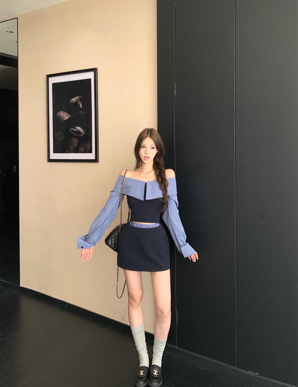 Flat shoulder plaid shirt autumn and winter niche tops a set