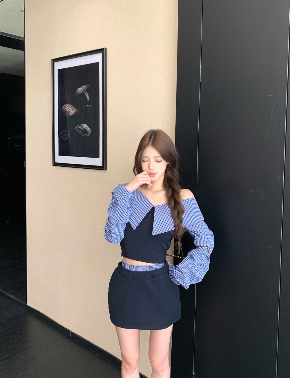 Flat shoulder plaid shirt autumn and winter niche tops a set