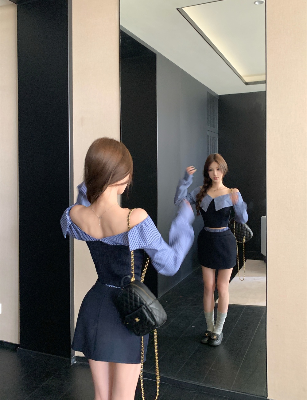 Flat shoulder plaid shirt autumn and winter niche tops a set