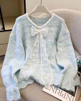 Bow lazy trumpet sleeves lace V-neck autumn sweater for women