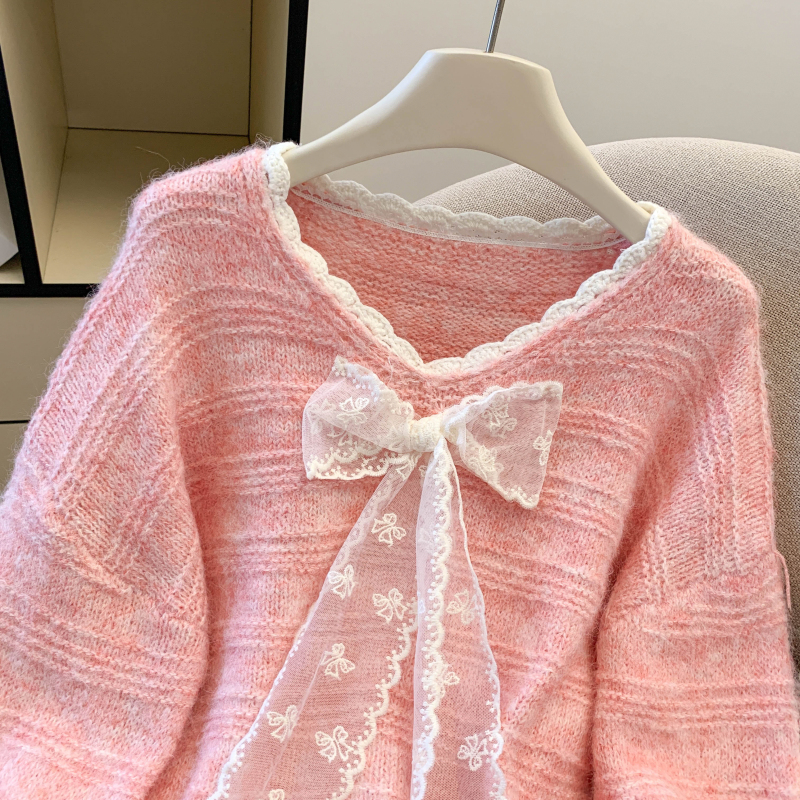 Bow lazy trumpet sleeves lace V-neck autumn sweater for women