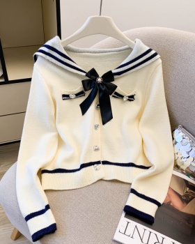 Stripe college style sweater navy collar show young cardigan